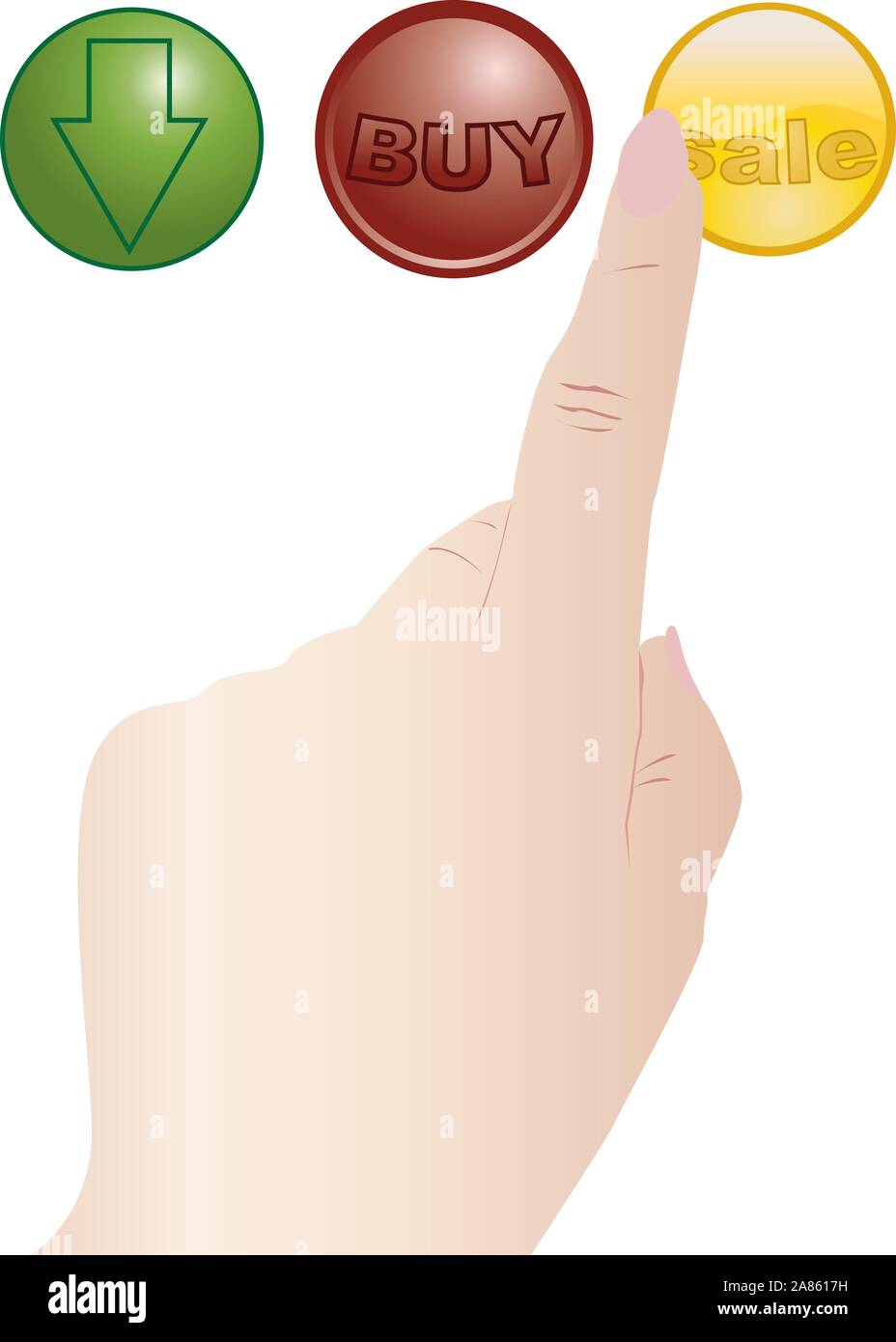 Curseur main est d'appuyer sur le bouton jaune vente Illustration de Vecteur