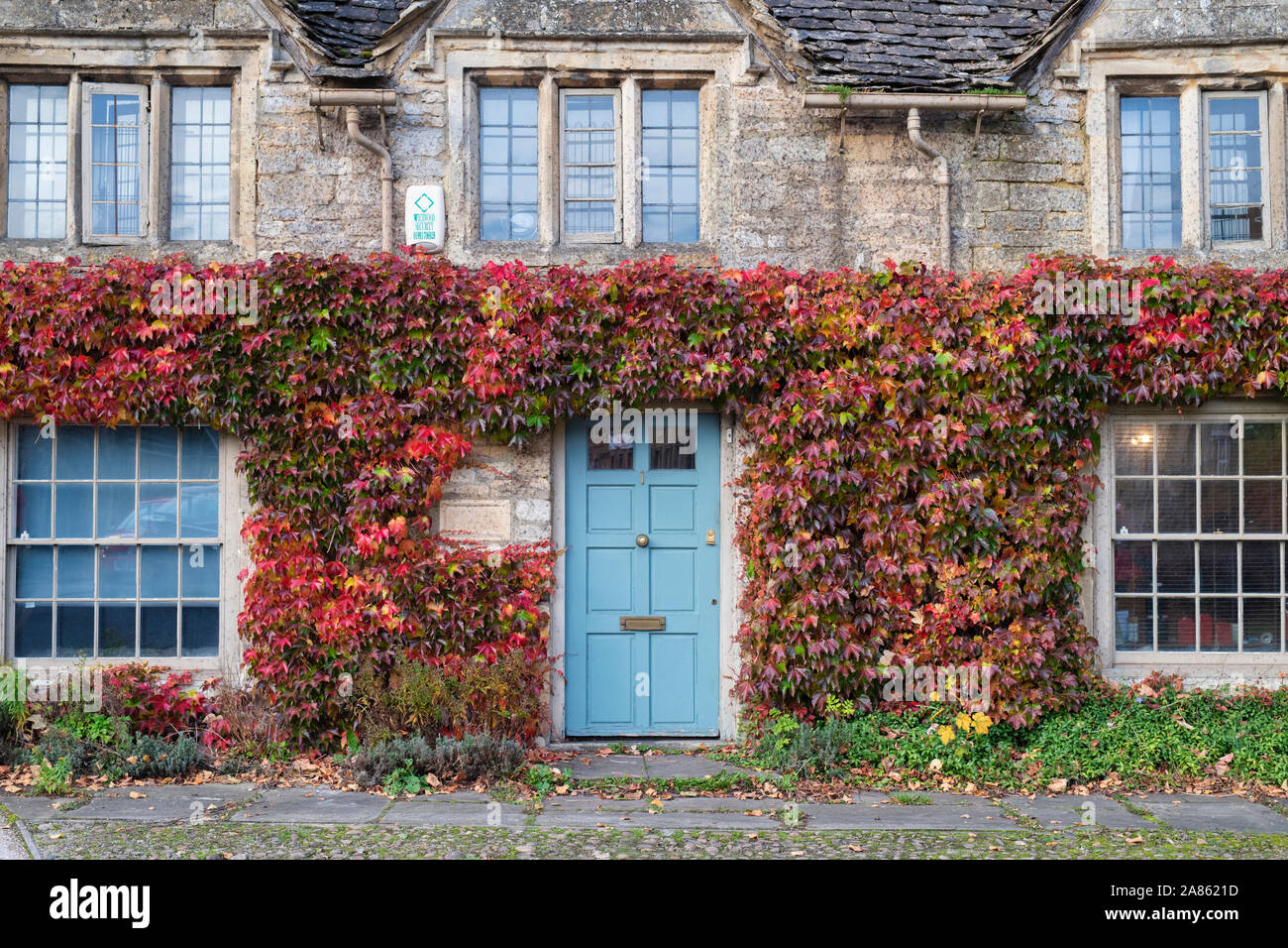 Du Parthenocissus tricuspidata. Boston ivy / réducteur japonais à l'automne sur une pierre de Cotswold cottage en Burford, Cotswolds, Oxfordshire, Angleterre Banque D'Images