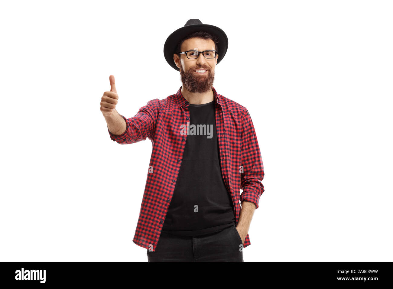 Un barbu thumb up sign isolé sur fond blanc Banque D'Images