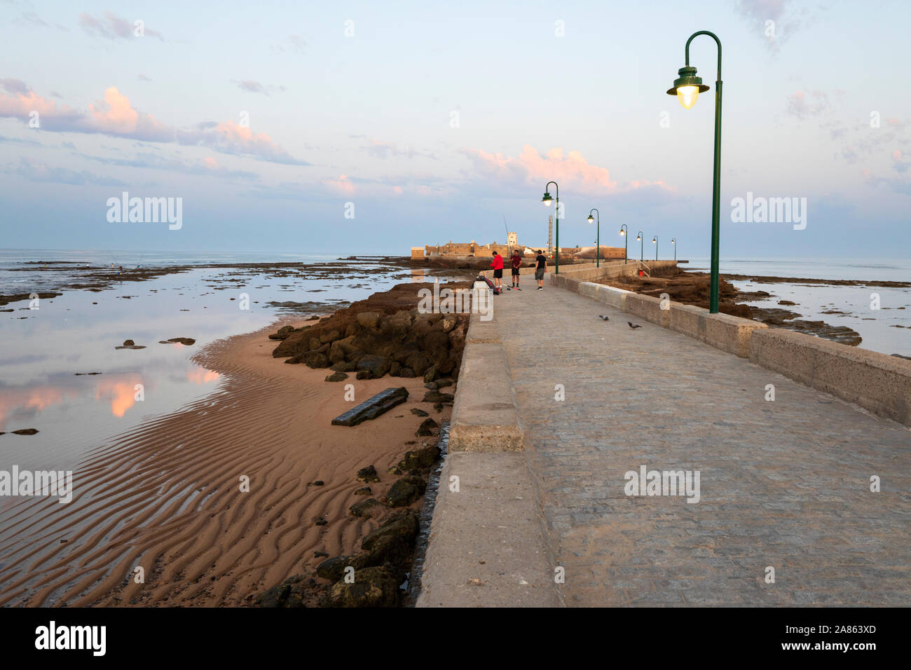 Avenida Fernando Quinones conduisant au Castillo de San Sebastian à marée basse en début de matinée, Cadix, Andalousie, Espagne, Europe Banque D'Images