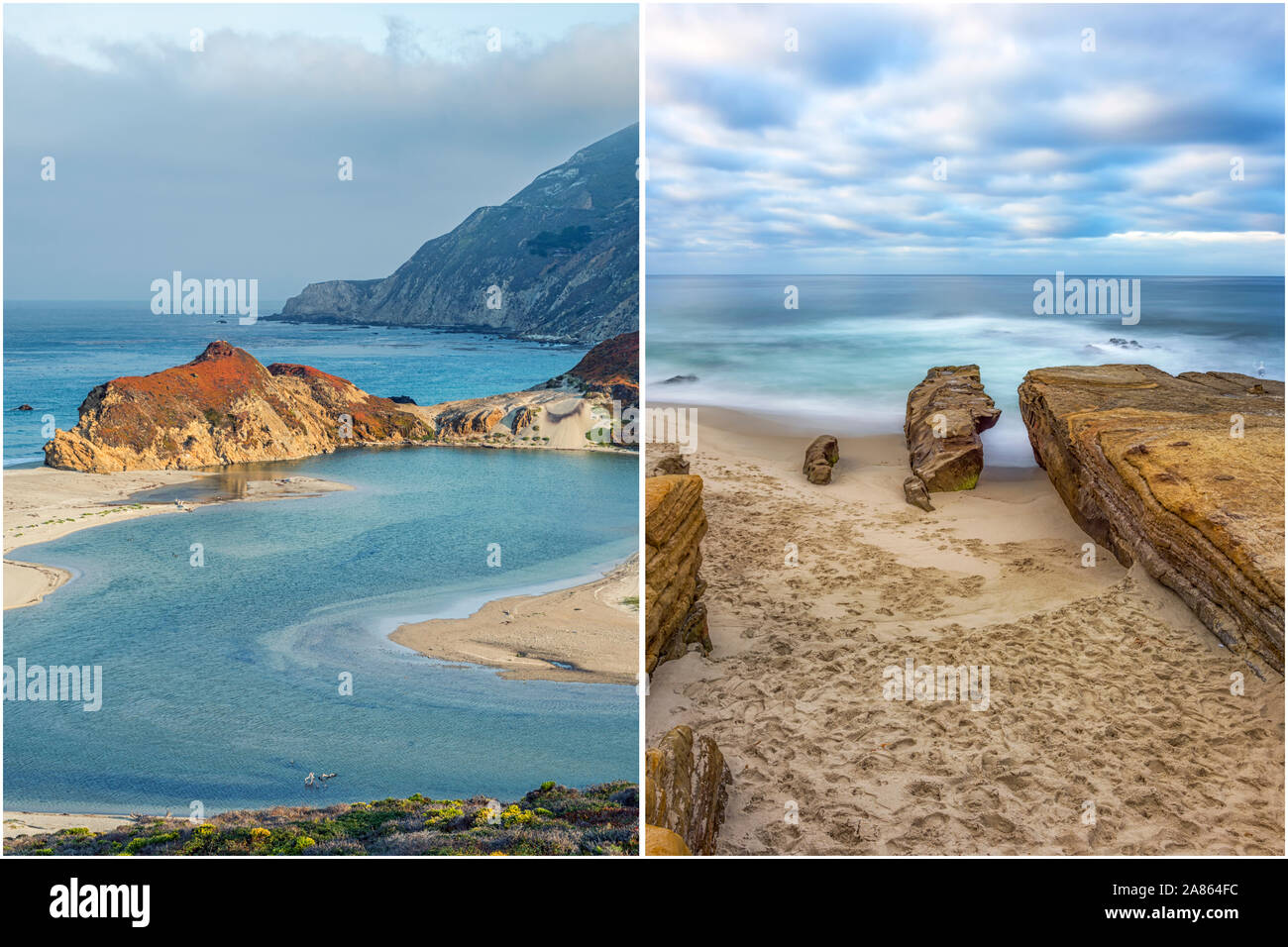 Nature et littoral concept présenté en diptyque format. Sur la gauche est peu Sur River Beach. Sur la droite est la plage de Windansea. Banque D'Images