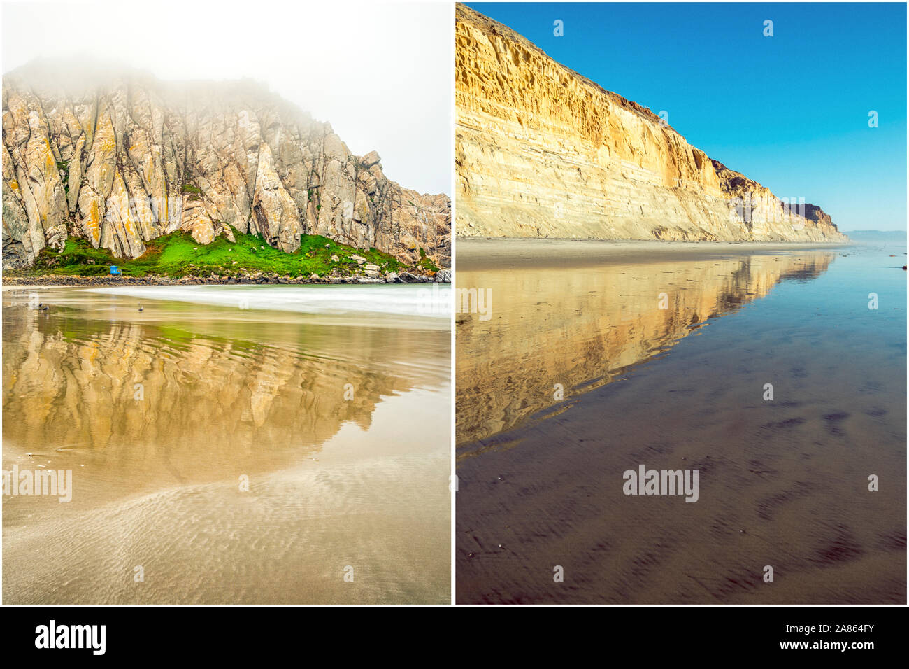 Nature et littoral concept présenté en diptyque format. Sur la gauche est Morro Rock Beach. Sur la droite est Torrey Pines State Beach. Banque D'Images