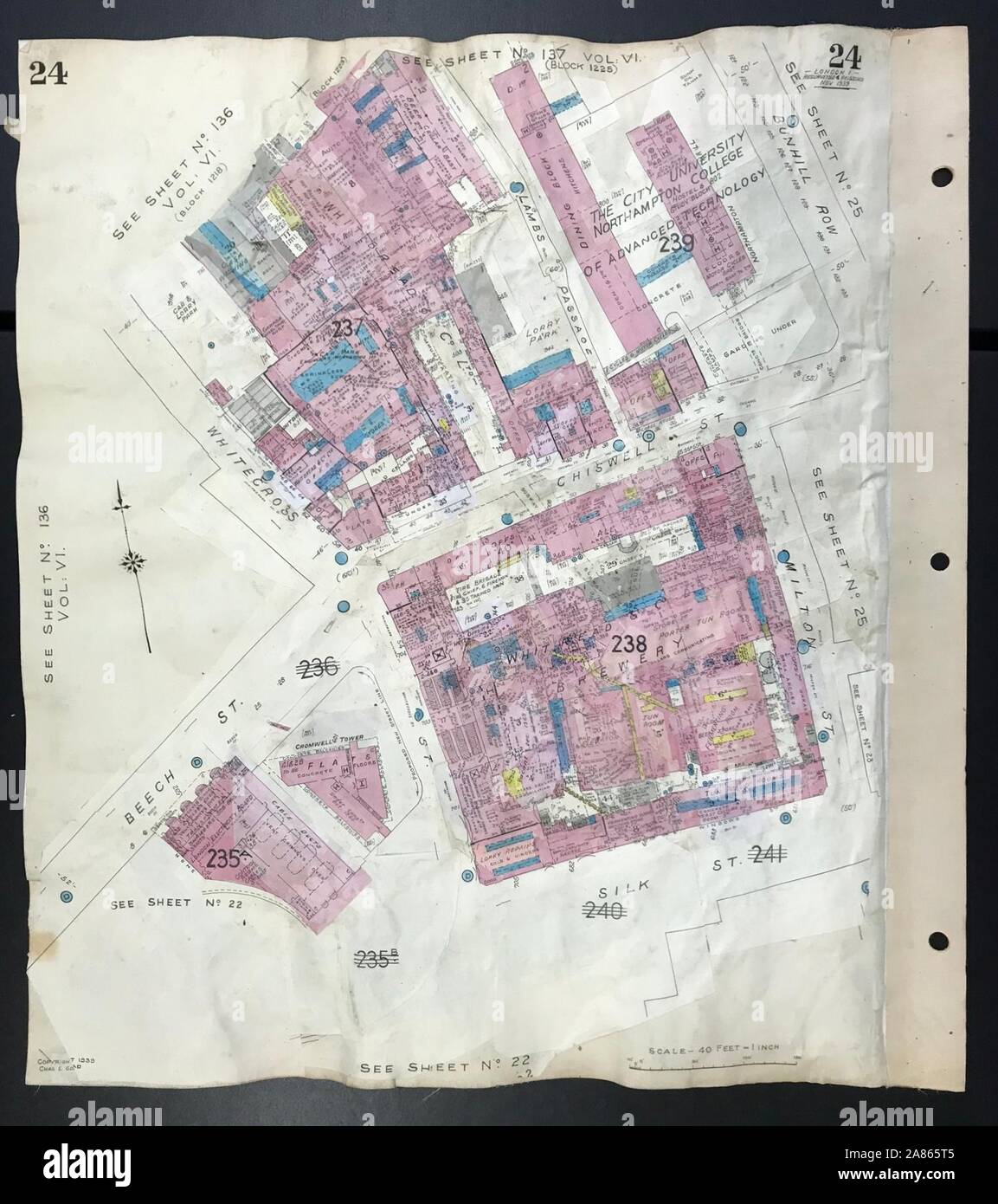 London EC2Y1Y Chiswell Street Brewery Hêtre St Whitecross st GOAD 1939 map Banque D'Images