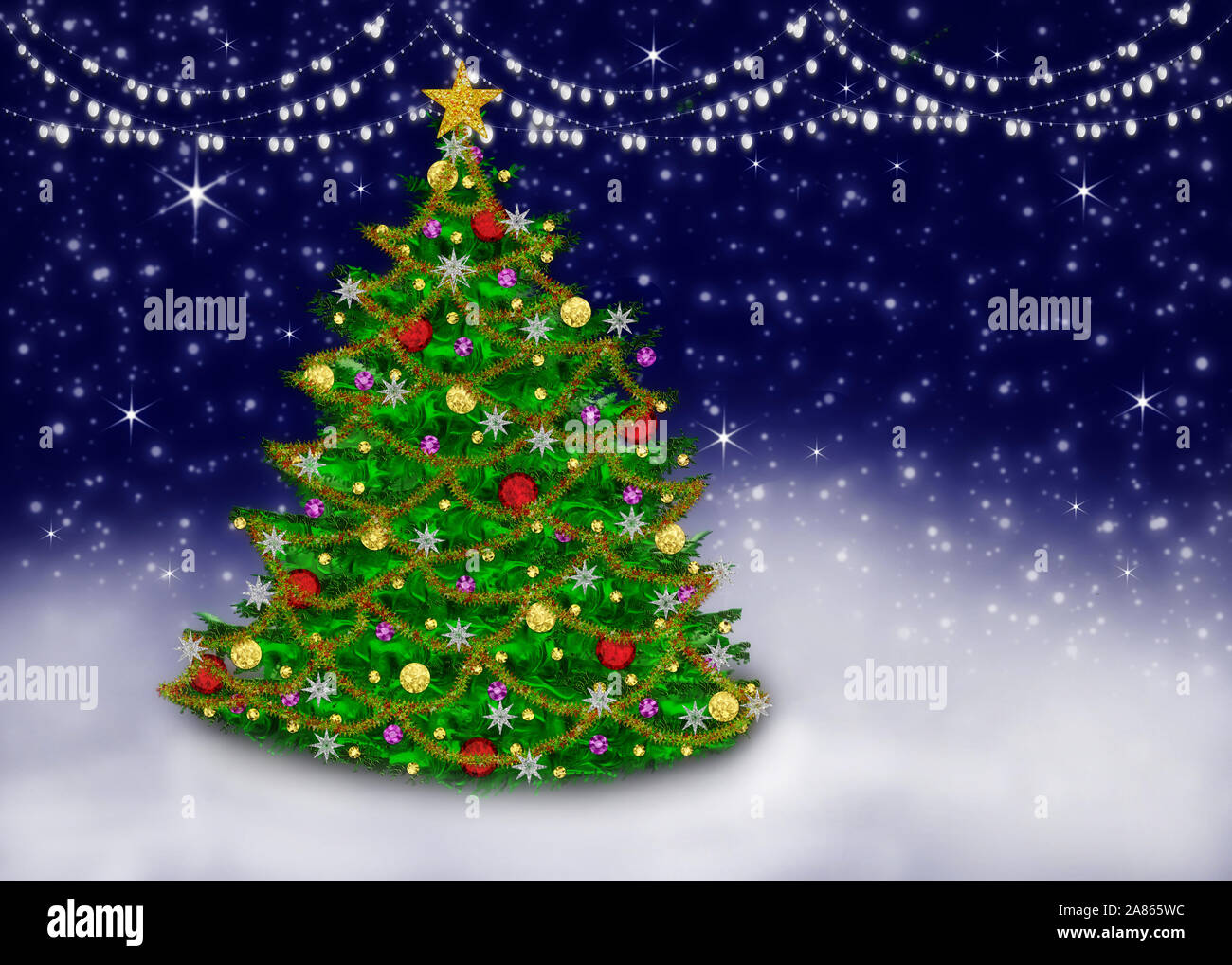 Graphique magnifique et éclairé de l'arbre de Noël décoré dans une scène de nuit de rêve avec les plafonniers. Banque D'Images