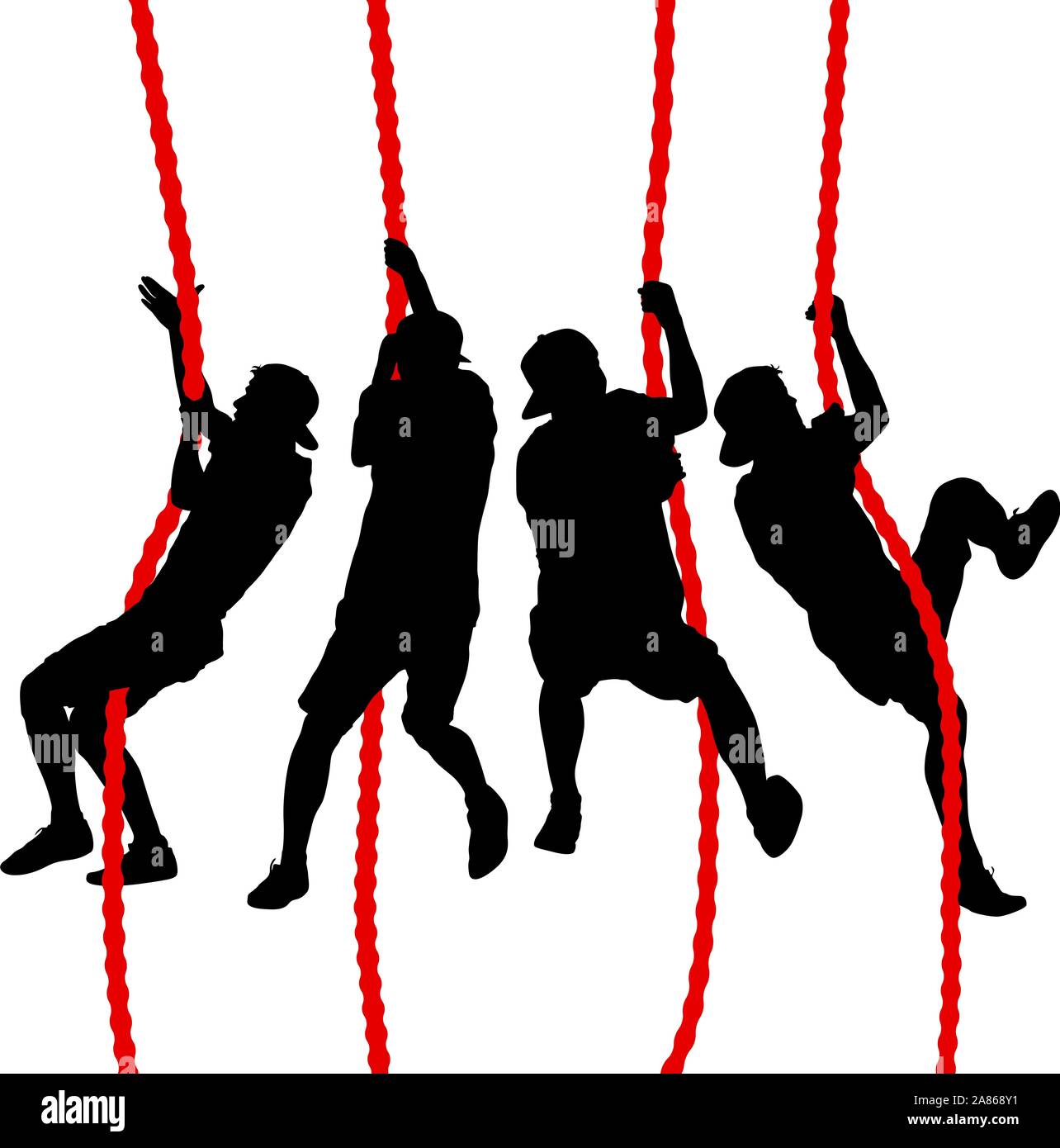 Ensemble Noir silhouette d'alpiniste escalade la corde raide sur les mains. Illustration de Vecteur