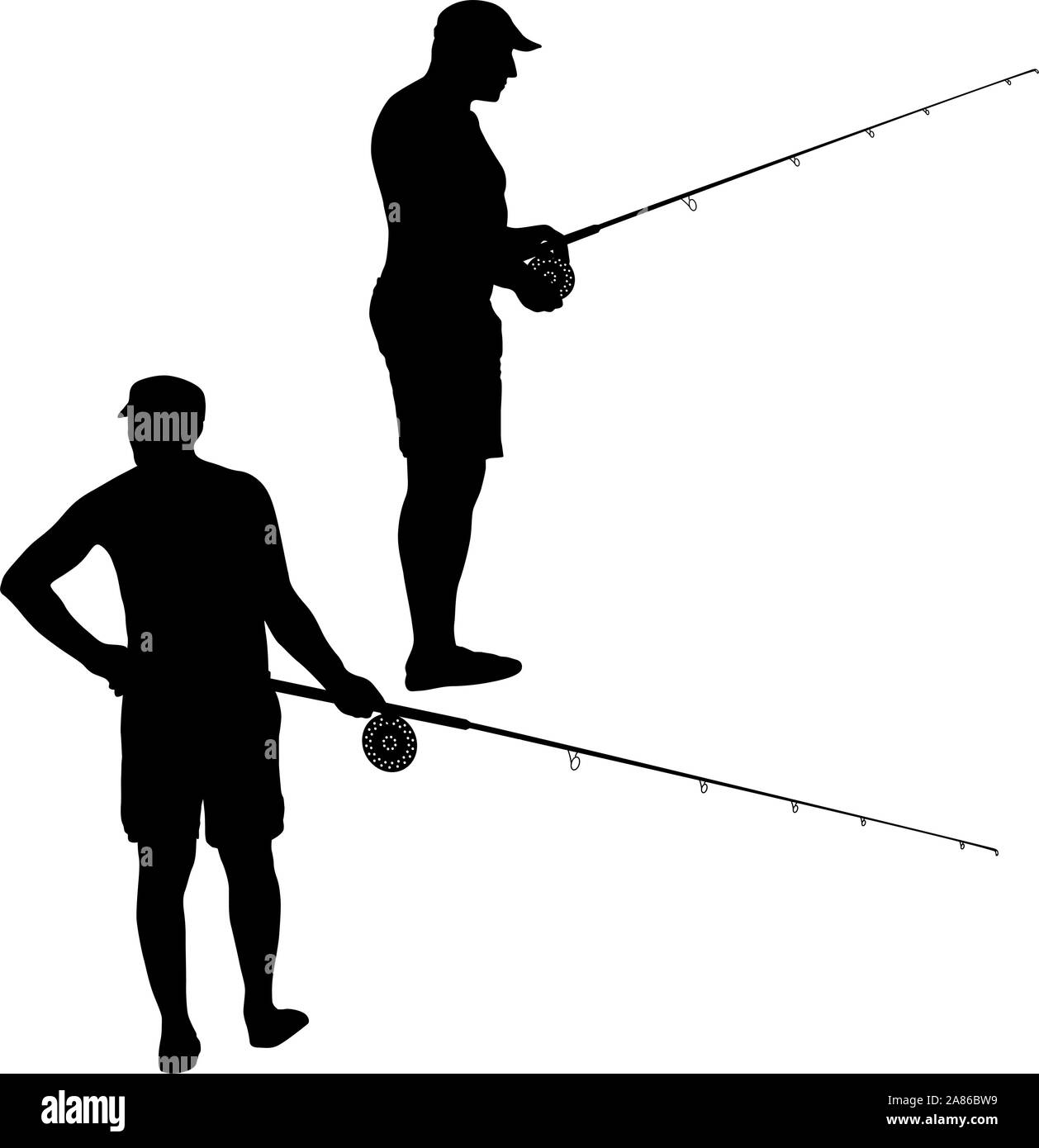 Pêcheur et canne à pêche isolé sur fond blanc. Illustration de Vecteur