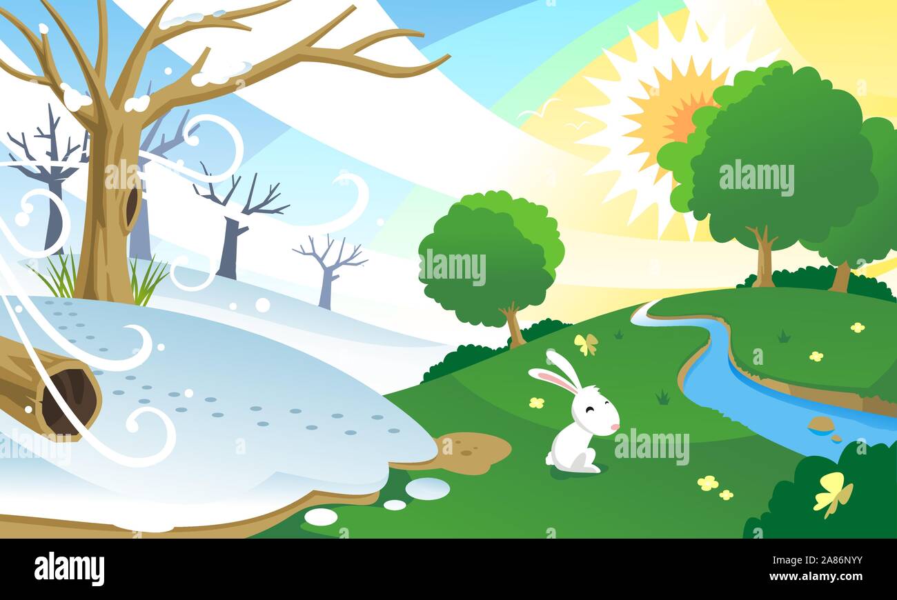 Changement de saison, de l'hiver au printemps. Avec happy bunny dans un champ ensoleillé vert. Vector illustration cartoon. Illustration de Vecteur