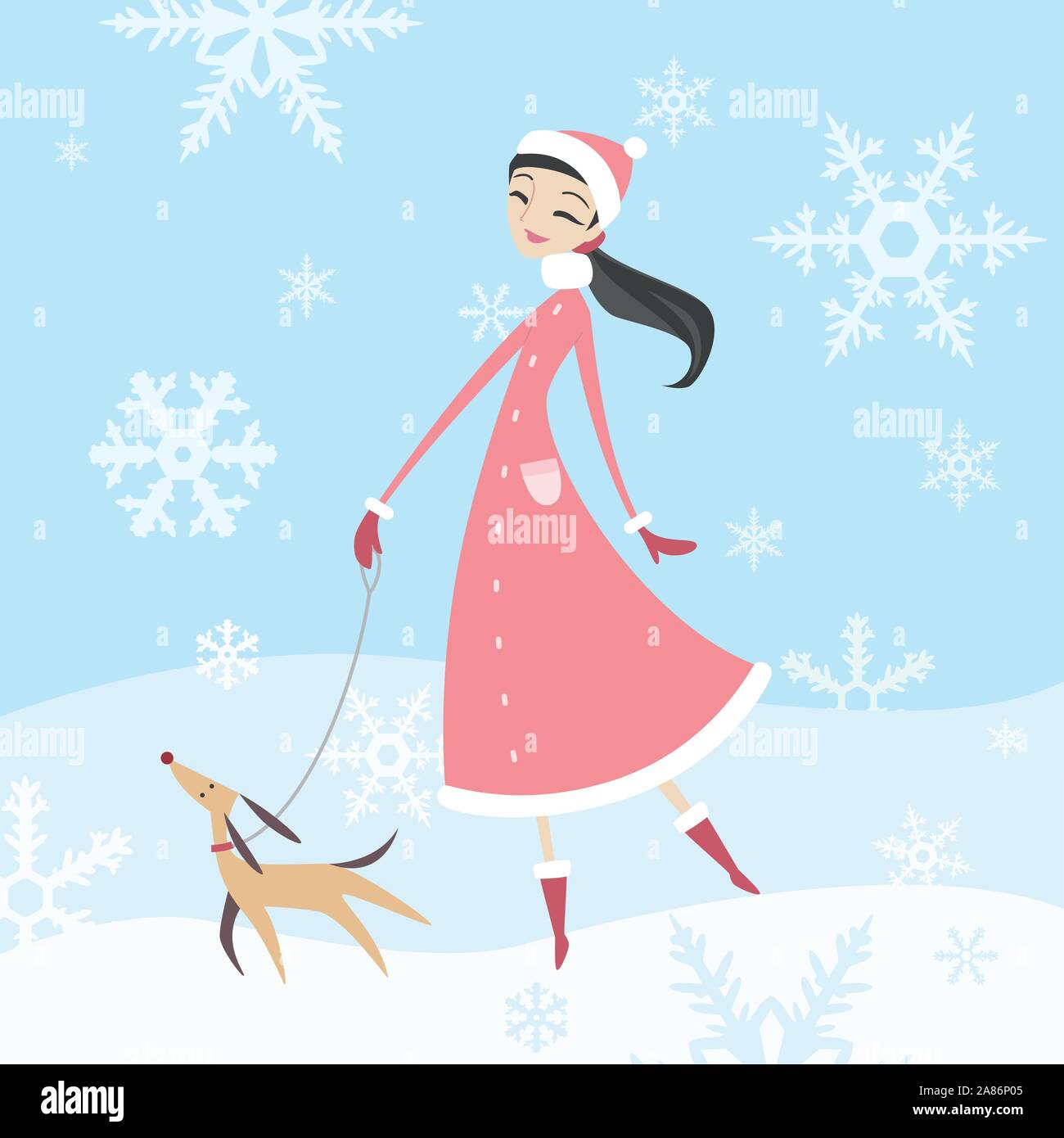 Femme prendre son chien pour une promenade dans l'hiver avec son chien de race pure. Illustration de Vecteur