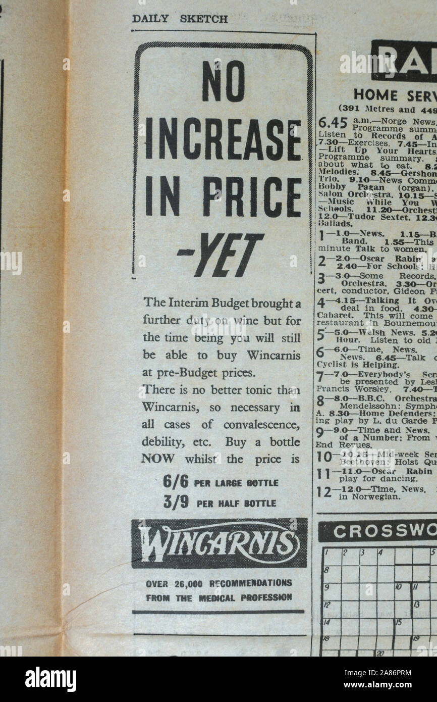 Vôtre Wincarnis vin tonique : Daily Sketch journal (réplique), 29 août 1940 (pendant le Blitz). Banque D'Images