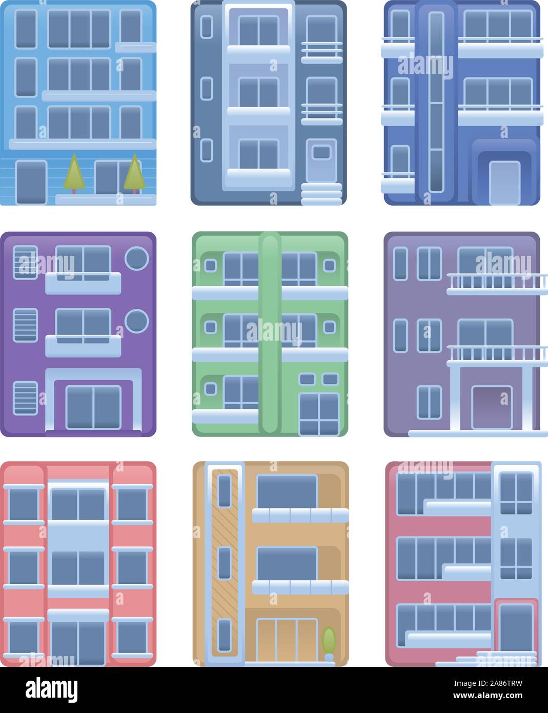 Appartement condominium bâtiment structure edifice house collection vector illustration d'icônes. Illustration de Vecteur