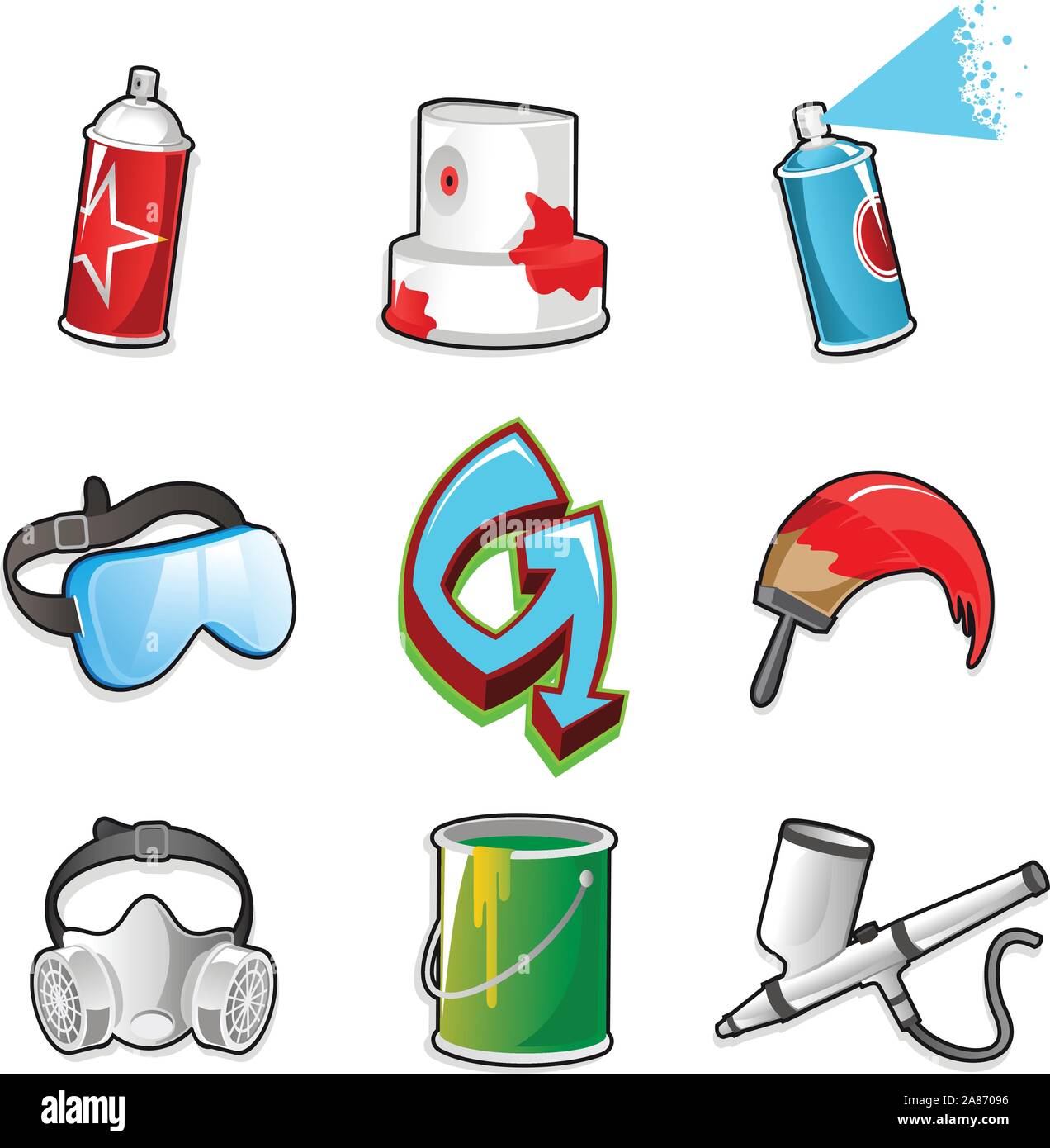 Icon Set Graffiti, avec la peinture de pulvérisation, aérosols, masque, Signature, pinceau, aérographe, douleur, godet googles. Vector illustration cartoon. Illustration de Vecteur