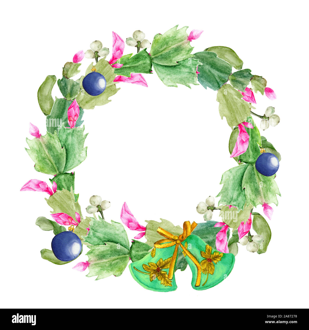 Couronne de Noël avec Zigokaktus Schlumbergera. Aquarelle dessiné à la main) Illustration botanique. Réaliste objet isolé sur fond blanc pour votre Banque D'Images