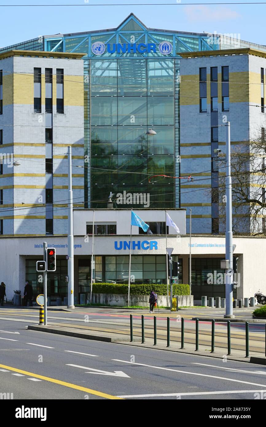 Genève, Suisse - 5 APR 2019- Vue extérieure du Haut Commissaire des Nations Unies pour les réfugiés (HCR), une organisation internationale situé dans Banque D'Images