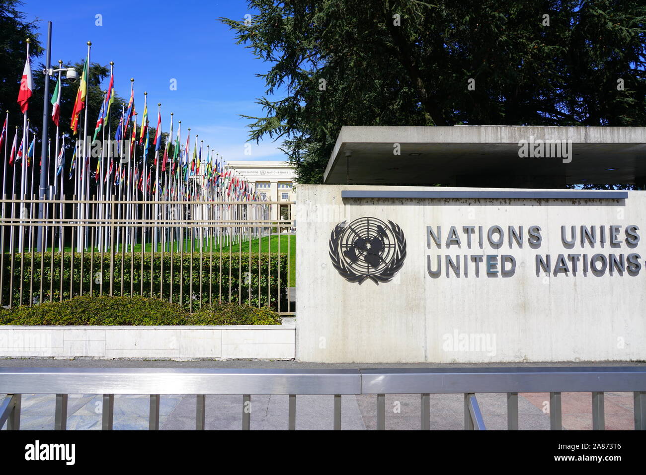 Genève, Suisse - 5 APR 2019- Vue extérieure de l'Office des Nations Unies à Genève (ONUG) situé dans le Palais des Nations Unies à Genève, SWI Banque D'Images