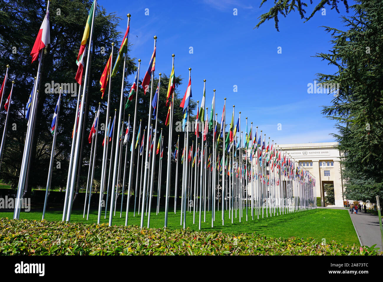 Genève, Suisse - 5 APR 2019- Vue extérieure de l'Office des Nations Unies à Genève (ONUG) situé dans le Palais des Nations Unies à Genève, SWI Banque D'Images