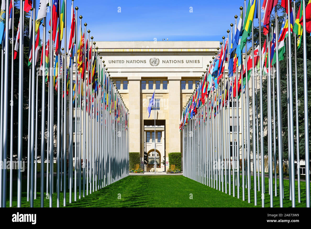Genève, Suisse - 5 APR 2019- Vue extérieure de l'Office des Nations Unies à Genève (ONUG) situé dans le Palais des Nations Unies à Genève, SWI Banque D'Images