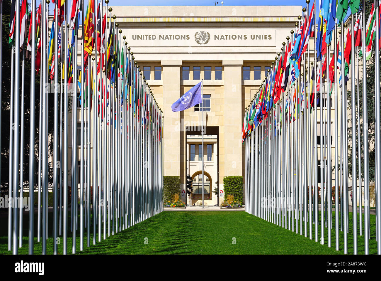 Genève, Suisse - 5 APR 2019- Vue extérieure de l'Office des Nations Unies à Genève (ONUG) situé dans le Palais des Nations Unies à Genève, SWI Banque D'Images