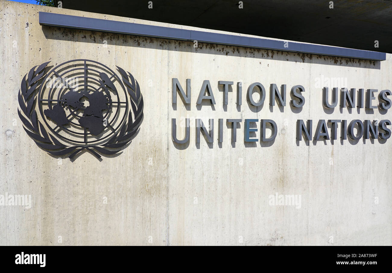 Genève, Suisse - 5 APR 2019- Vue extérieure de l'Office des Nations Unies à Genève (ONUG) situé dans le Palais des Nations Unies à Genève, SWI Banque D'Images