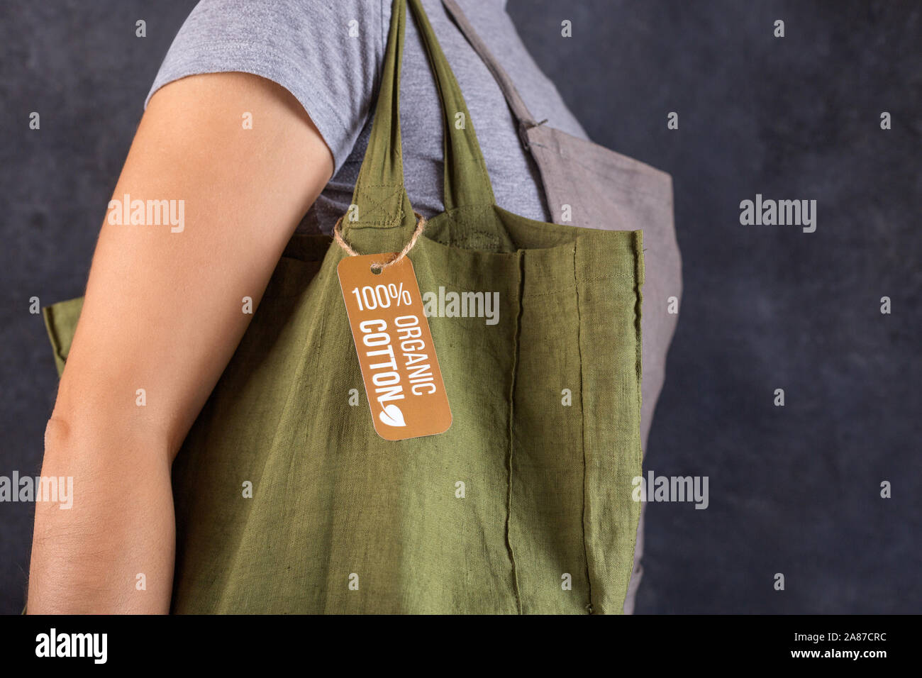 Une fille dans un T-shirt gris porte un sac en coton vert sur son épaule. Les articles fabriqués à partir de matières organiques Banque D'Images