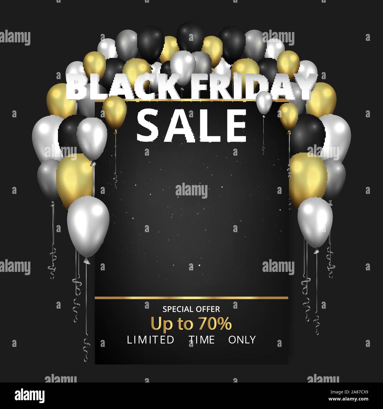 Vente promotion vecteur flyer, creative golden noir et argent brillant glitter, décoration ballons réaliste, coupon de réduction de luxe métallique de l'affiche. Illustration de Vecteur