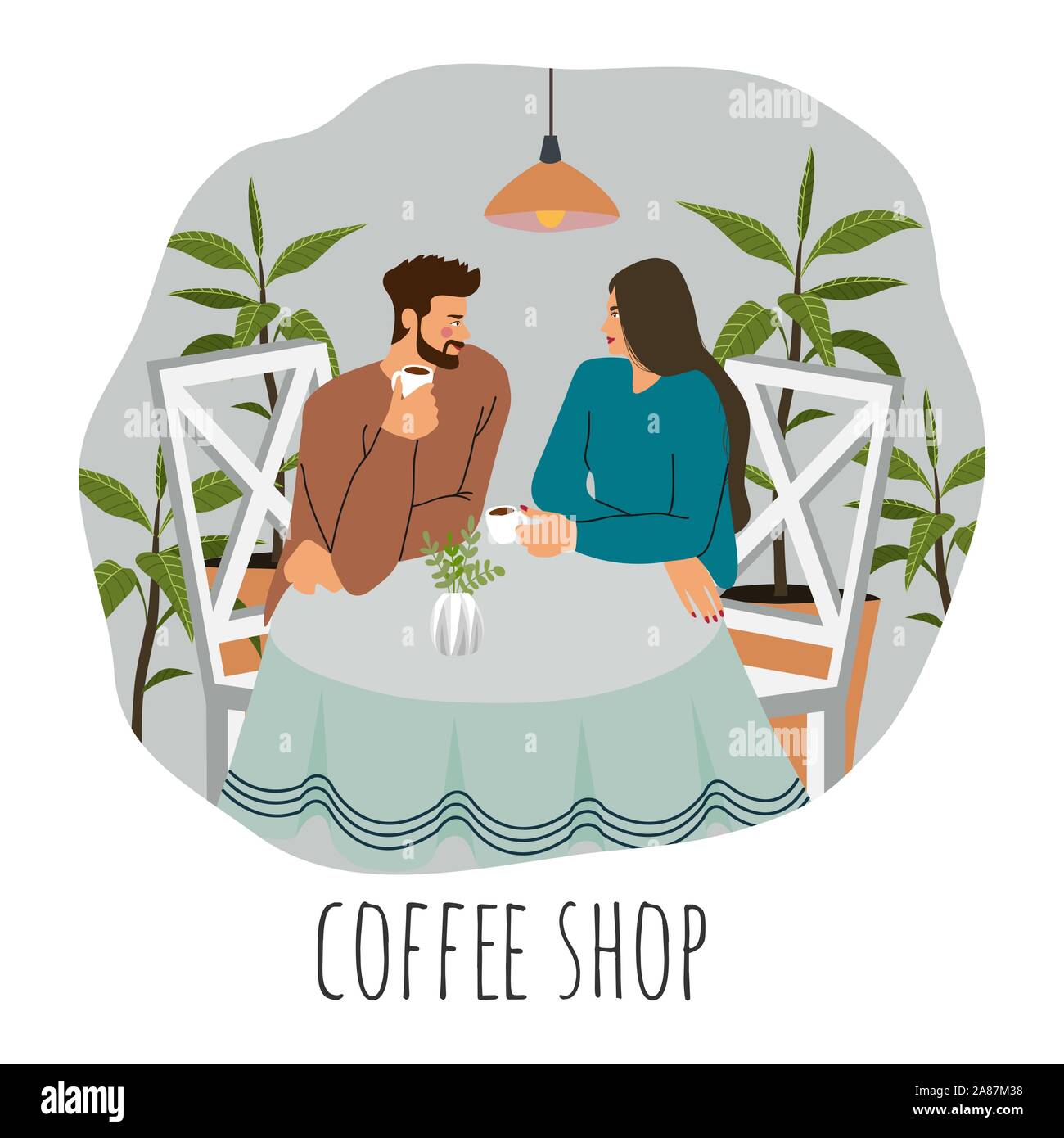 Café-restaurant visiteurs. Télévision vector illustration d'un jeune couple, assis à la table avec du café, des lampes au-dessus entouré de plantes Illustration de Vecteur