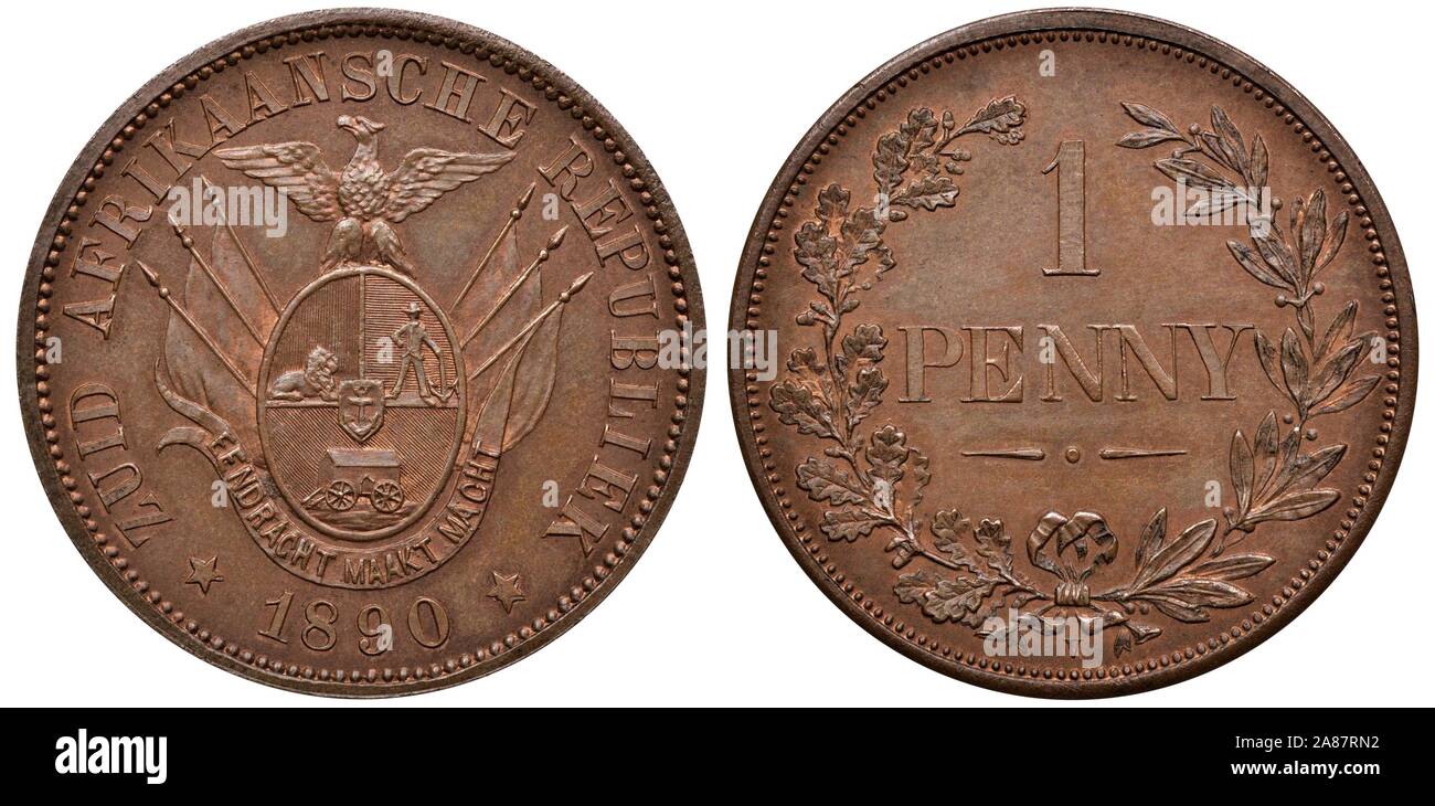 Provence-alpes-Côte d'Afrique de l'Afrique du Sud 1 pièce de un cent 1890 numéro d'essai, bouclier ovale, avec des dessins en face de drapage drapeaux, Banque D'Images