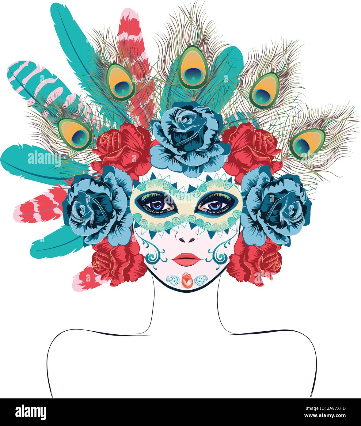 Masque de carnaval décoré de roses et de plumes. Illustration de Vecteur