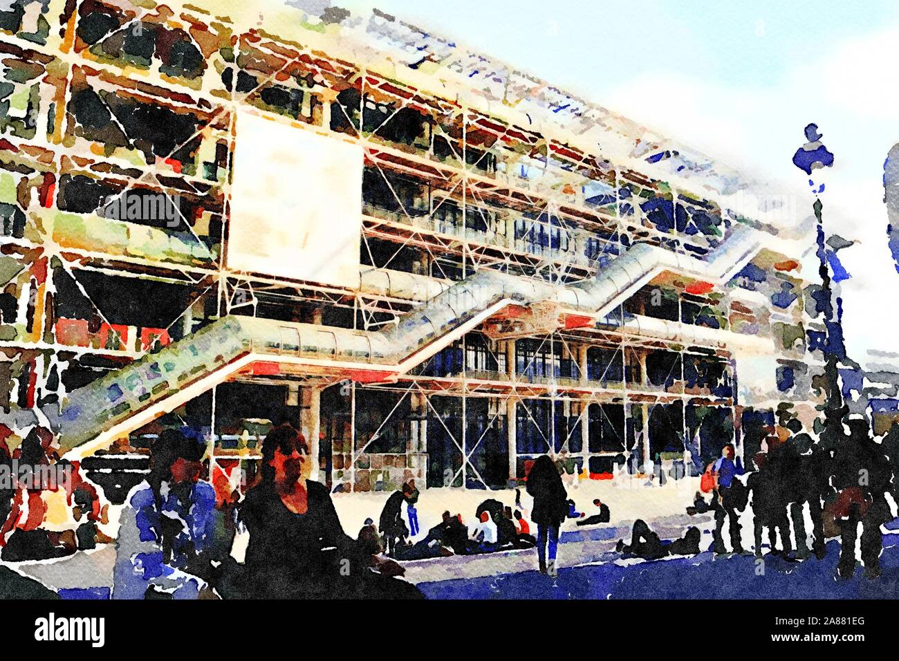 Aquarelle d'une façade du centre pompidou à paris Banque D'Images