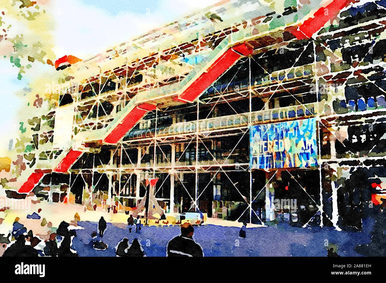 Aquarelle d'une façade du centre pompidou à paris Banque D'Images