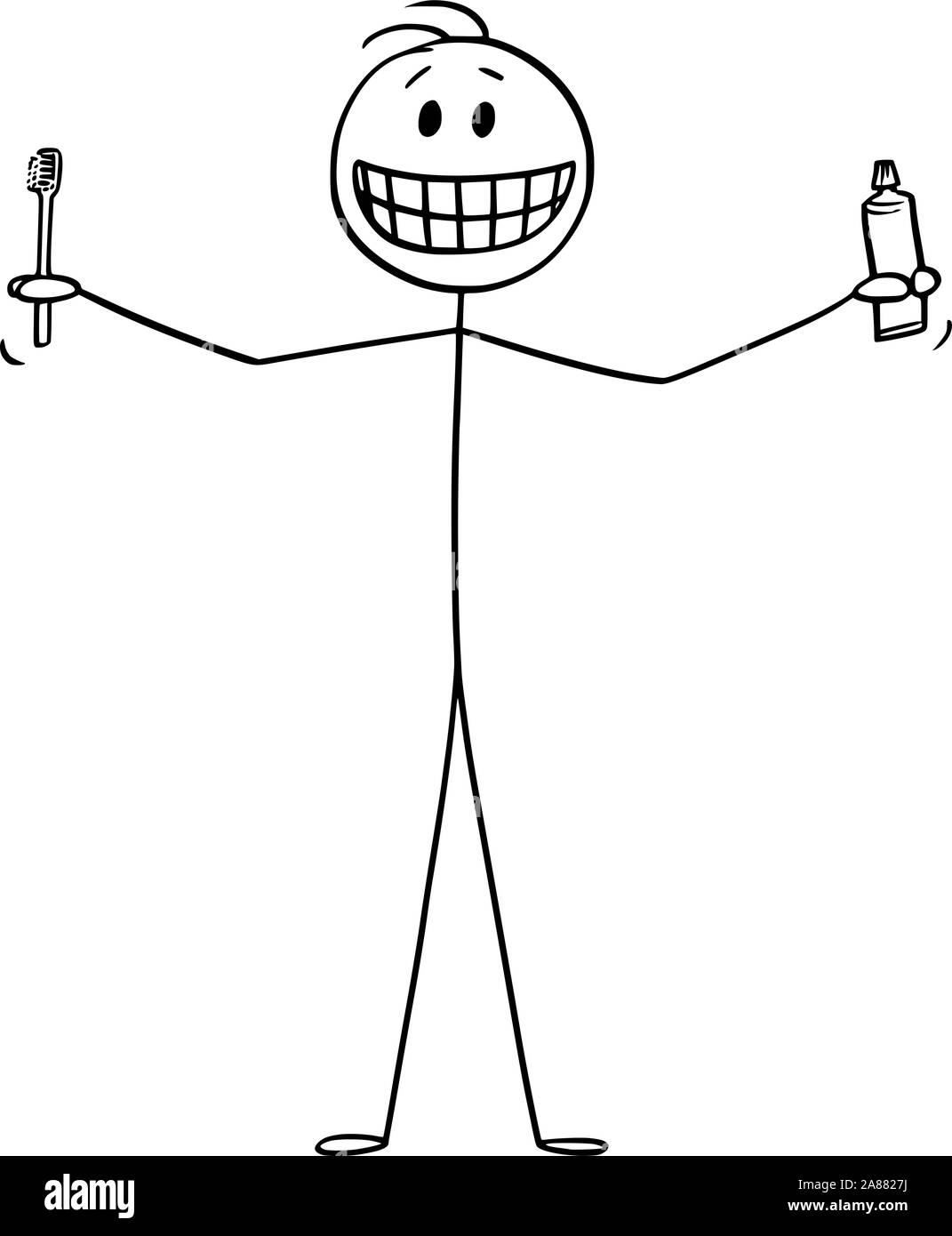 Vector cartoon stick figure dessin illustration conceptuelle de smiling man montrant ses dents, et tenant une brosse à dents ou une brosse à dents et dentifrice dentifrice ou dans les mains. Illustration de Vecteur