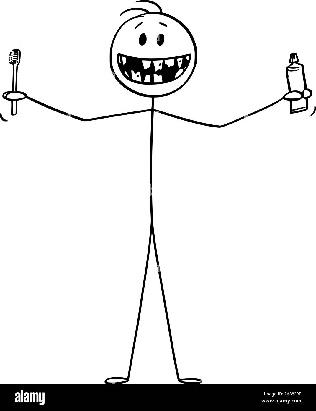 Vector cartoon stick figure dessin illustration conceptuelle de smiling man montrant ses mauvaises dents, et tenant une brosse à dents ou une brosse à dents et dentifrice dentifrice ou dans les mains. Illustration de Vecteur