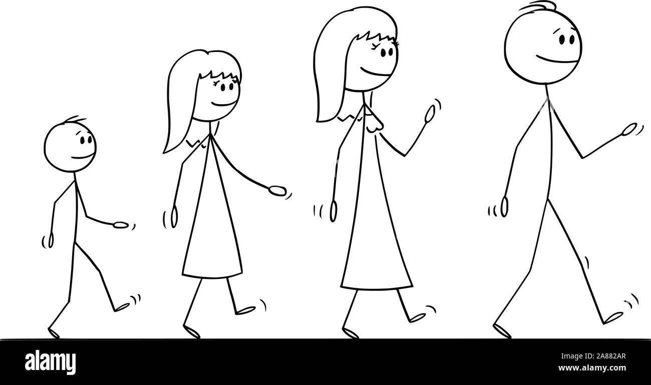 Vector cartoon stick figure dessin illustration conceptuelle de la marche sur la famille voyage d'homme, femme, fille et garçon, père ou mère, fille et fils. Illustration de Vecteur