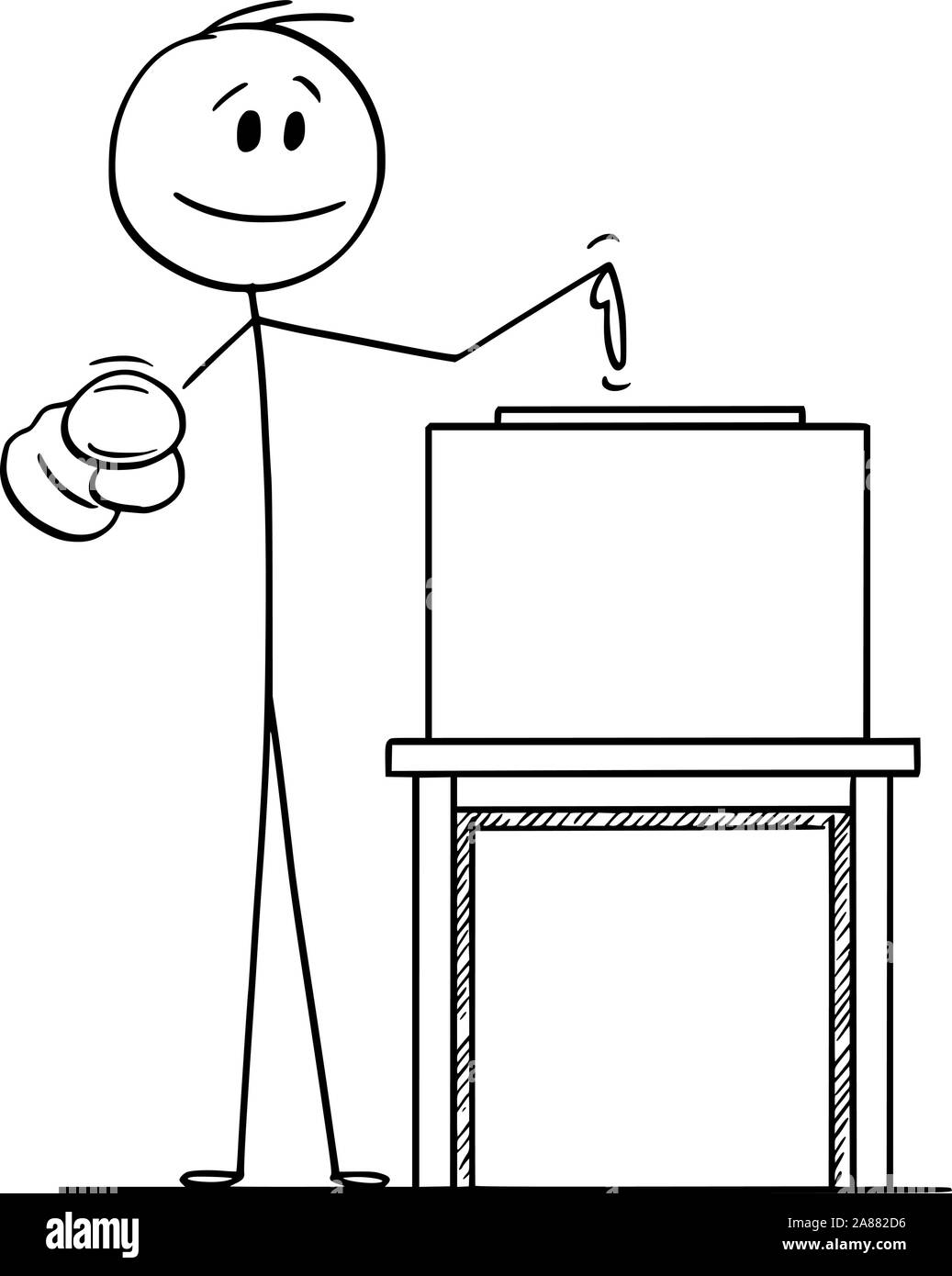 Vector cartoon stick figure dessin illustration conceptuelle de l'homme pointant à l'électeur ou l'électeur et sur l'urne d'inspirer de voter aux élections. Illustration de Vecteur