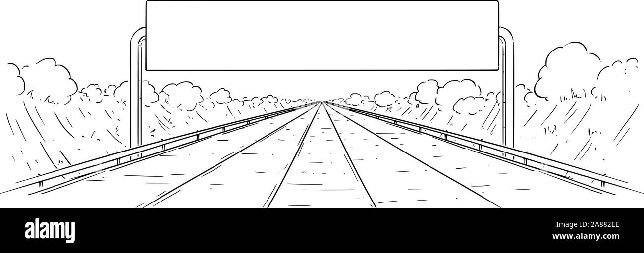 Cartoon Vector illustration dessin noir et blanc de l'avant et l'autoroute passe vide grand signe. Illustration de Vecteur