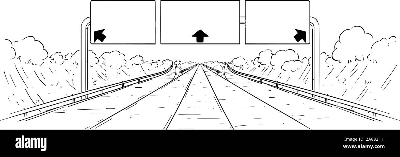 Cartoon Vector illustration dessin noir et blanc de l'avant passe l'autoroute avec ramification, flèches et grand signe vide. Illustration de Vecteur