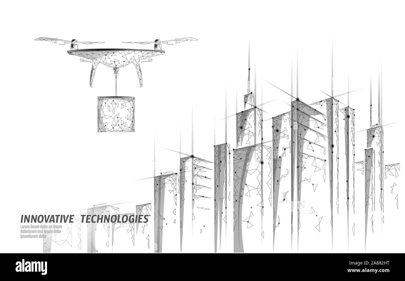 Modèle de bannière poly basse boîte d'expédition de drone. Régulation de la livraison de véhicules aériens sans pilote. Illustration du vecteur polygonal de la zone privée Illustration de Vecteur