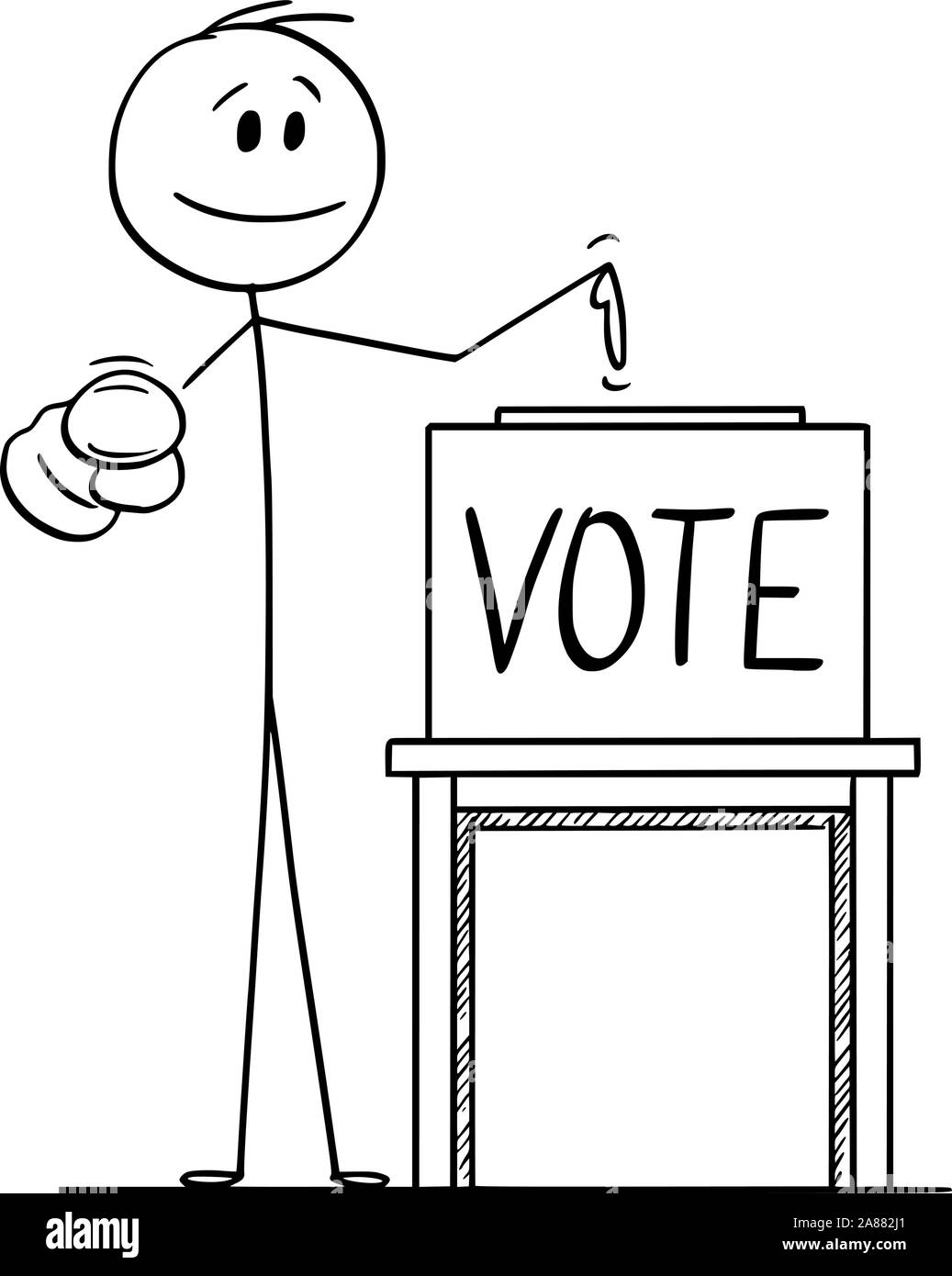 Vector cartoon stick figure dessin illustration conceptuelle de l'homme pointant à l'électeur ou électrice, et sur l'urne avec vote texte à inspirer de voter aux élections. Illustration de Vecteur