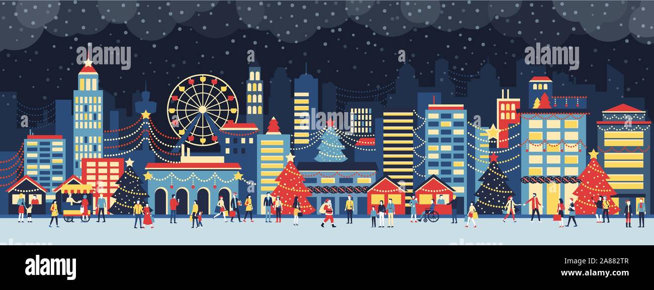 Ville colorée avec des lumières de Noël, les gens marchent dans la rue et bénéficiant d'ensemble l'ambiance de fête la nuit, maison de vacances et celebratio Illustration de Vecteur