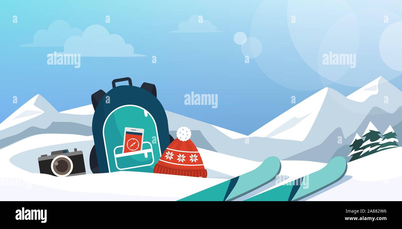 L'exploration touristique montagnes à l'hiver et le ski, l'équipement de voyage sur la neige Illustration de Vecteur