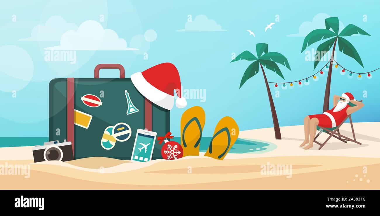 Le Père Noël ayant une location sur la plage : vacances de Noël, le tourisme et les voyages concept Illustration de Vecteur