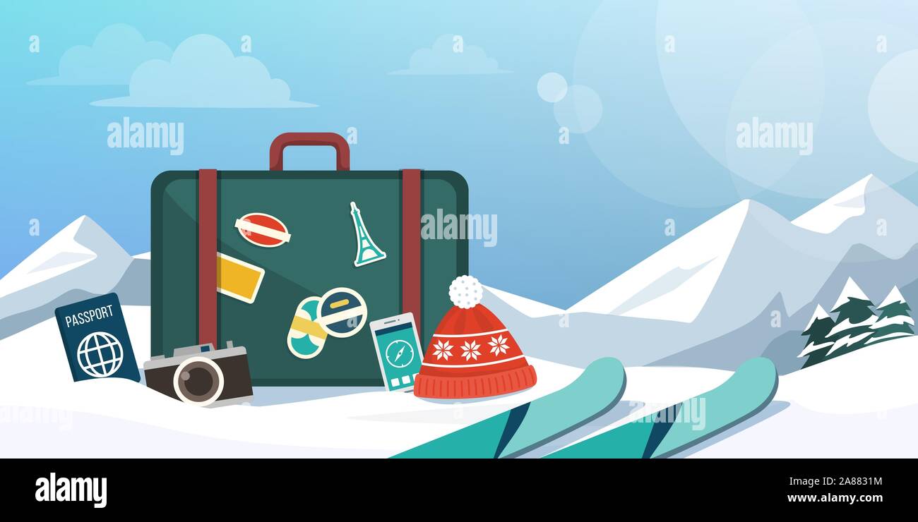 L'exploration touristique montagnes à l'hiver et le ski, valise et équipement de voyage sur la neige Illustration de Vecteur