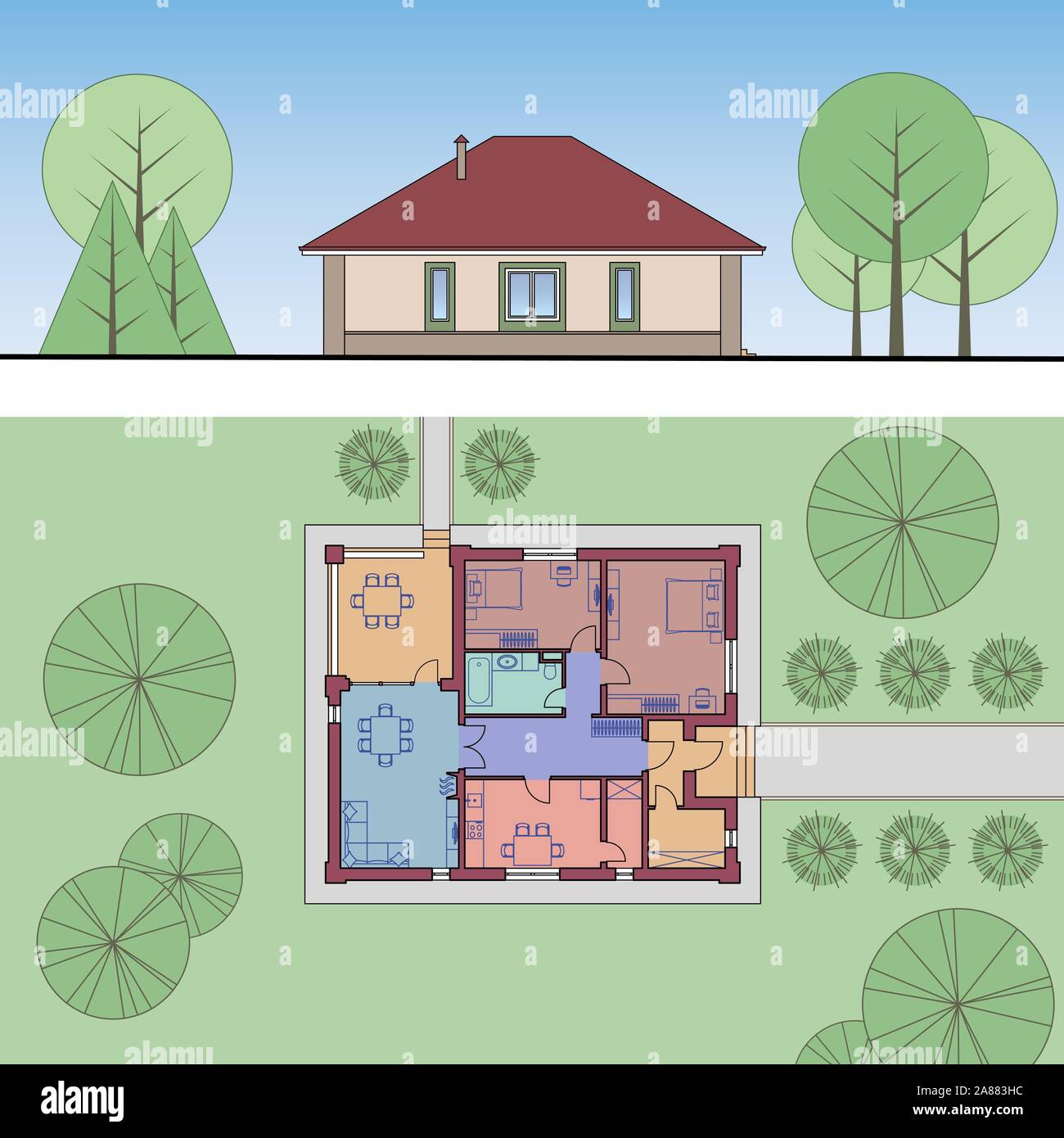 Façade de l'architecture et le plan d'une maison. Le dessin de la petite maison entourée d'arbres. Multicolore EPS10 Vector illustration Illustration de Vecteur