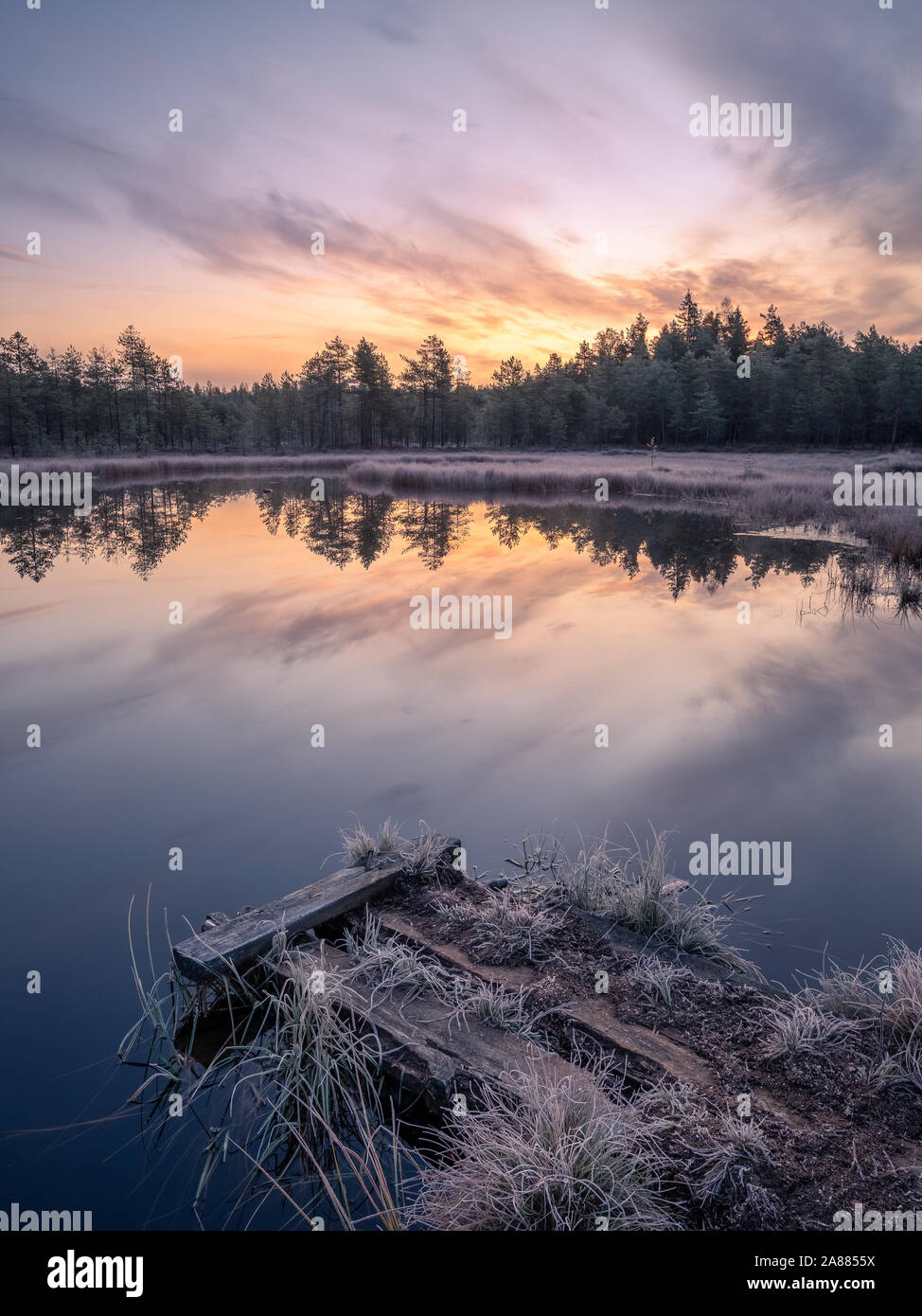 Le calme et froid matin d'automne paysage avec le lever du soleil, frosty pier et paisible lac de Finlande Banque D'Images