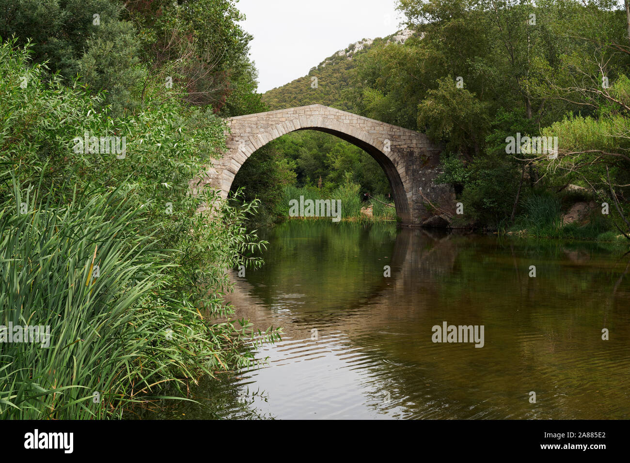 Le 18ème siècle, pont en arc semi-circulaire de Spina Cavallu et rivière Rizzanèse dans d'Arbellara, Corse-du-Sud, Corse, France Banque D'Images