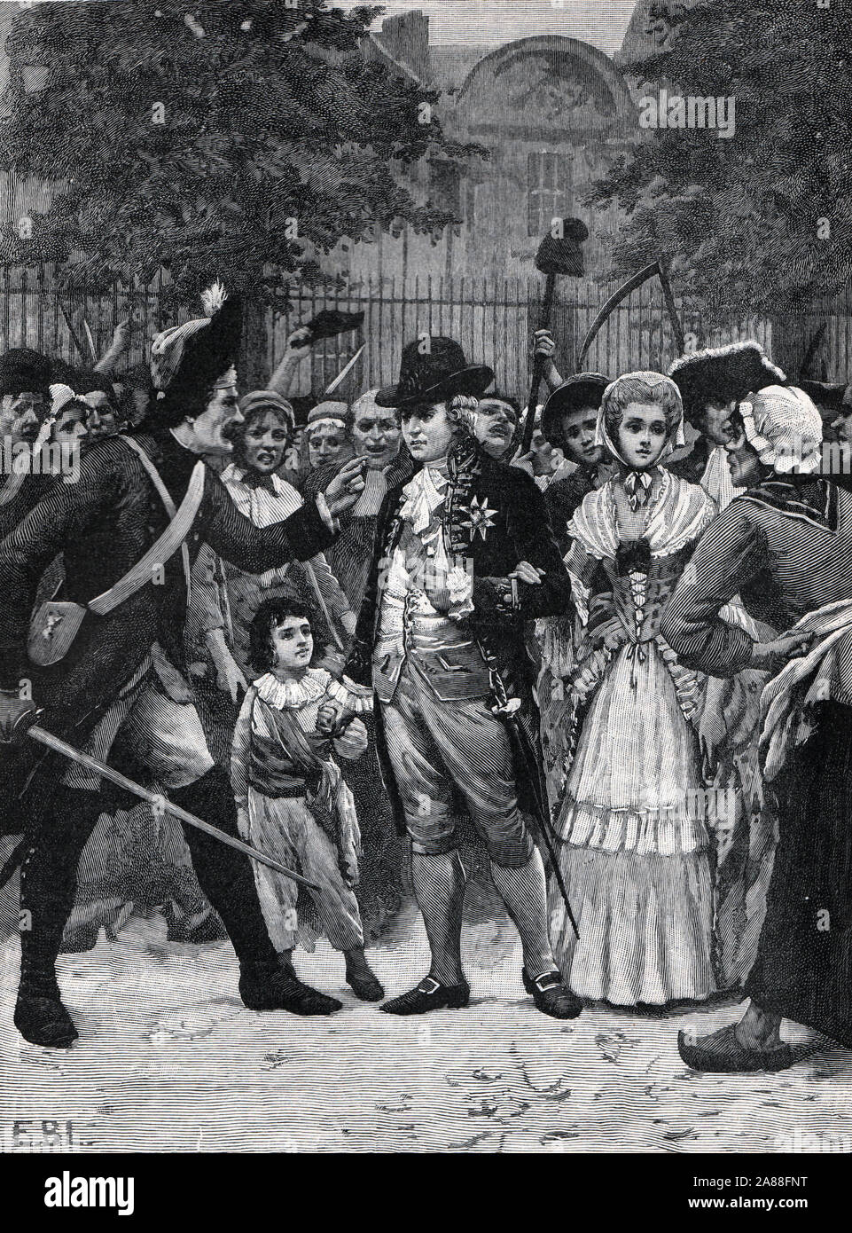 La famille royale de France sur le chemin de l'Assemblée, illustration en noir et blanc ; Banque D'Images