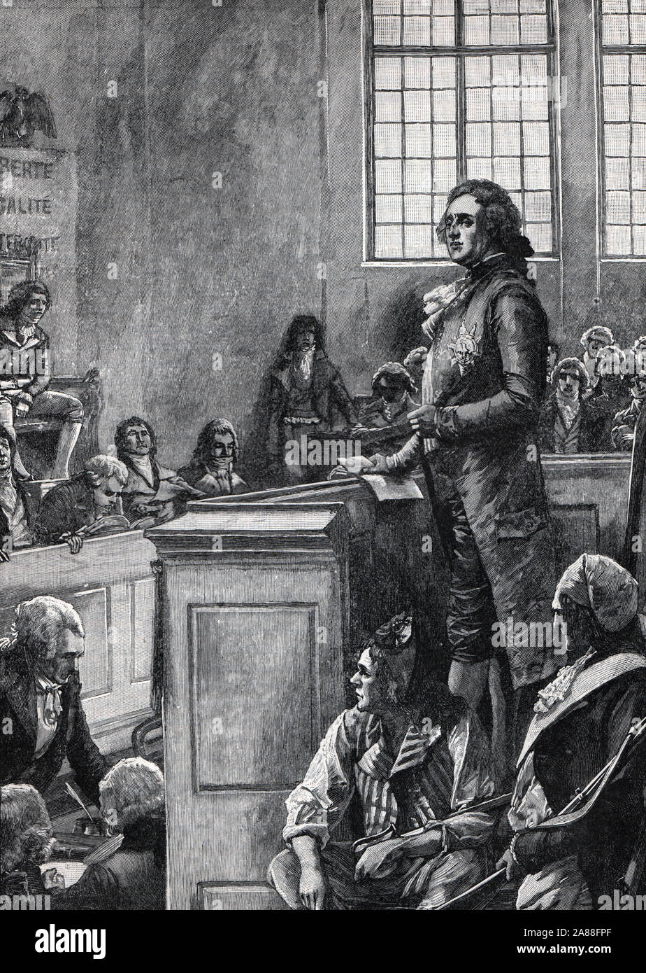 Le procès du Roi Louis 16ème, France, décembre 1792. Illustration noir et blanc ; Banque D'Images