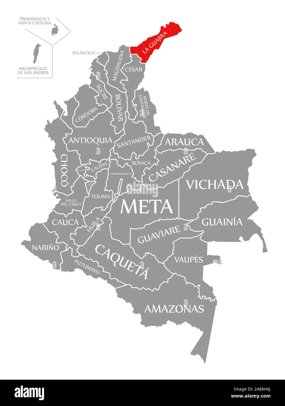 La Guajira en surbrillance rouge dans la carte de la Colombie Banque D'Images