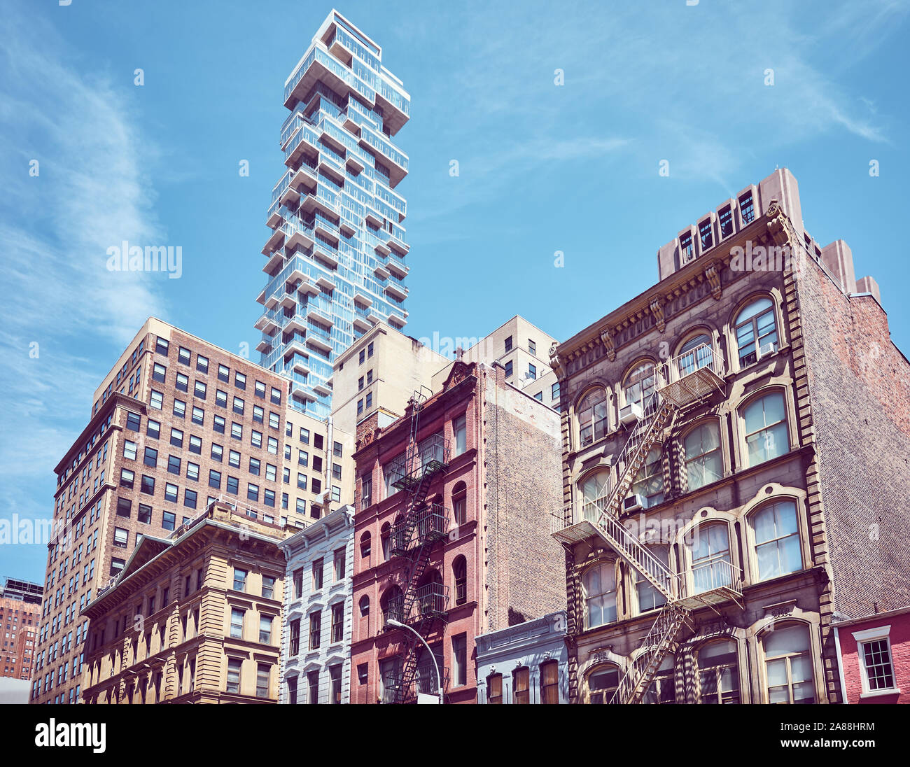 New York city architecture variée, harmonisation des couleurs appliquées, USA. Banque D'Images