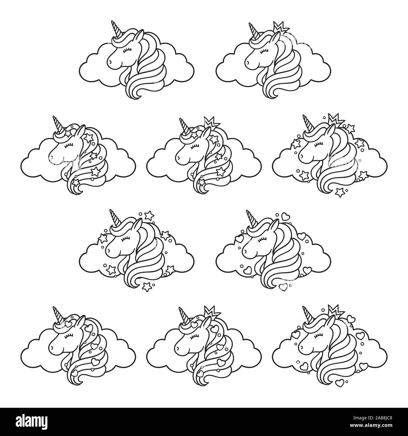 Jeu De Tetes De Licorne Avec Le Cloud Les Etoiles Et Les Coeurs Imprime Pour Les Vetements De Bebe Pepiniere Mignon Dessin Art Vector Illustration Cute Graphiques Unicorn Imprimer Isol Image Vectorielle