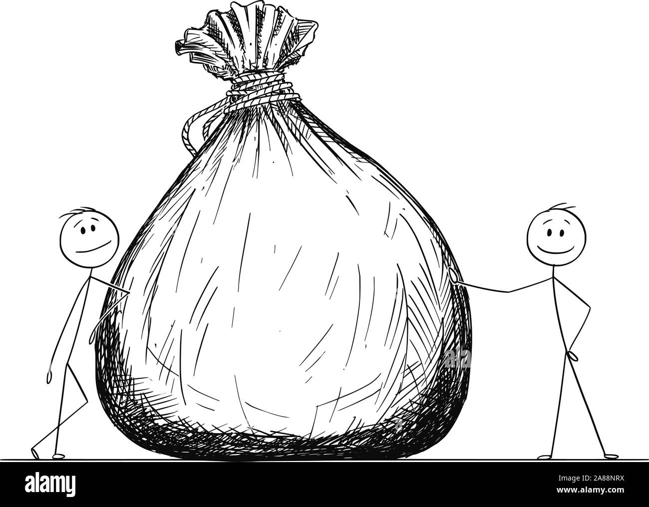 Vector cartoon stick figure dessin illustration conceptuelle de deux hommes d'affaires ou posant avec un gros sac ou sac de transport de l'argent. Illustration de Vecteur